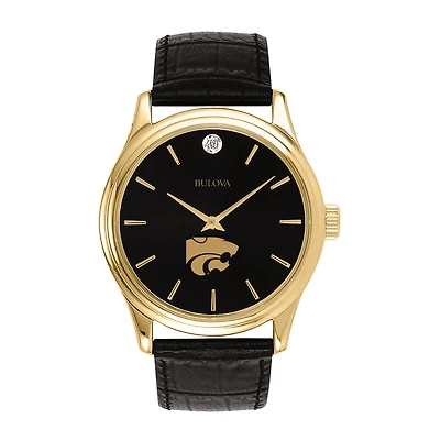 Men's Bulova Gold Kansas State Wildcats Leather Strap Watch with Diamond Black Dial