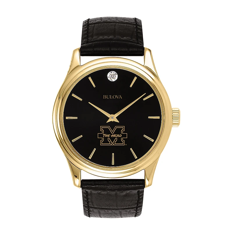Men's Bulova Gold Marshall Thundering Herd Leather Strap Watch with Diamond Black Dial
