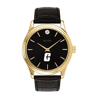 Men's Bulova Gold Charlotte 49ers Leather Strap Watch with Diamond Black Dial