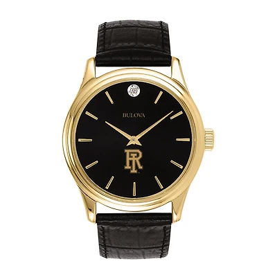 Men's Bulova Gold Rhode Island Rams Leather Strap Watch with Diamond Black Dial