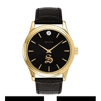 Men's Bulova Gold Sewanee Tigers Leather Strap Watch with Diamond Black Dial
