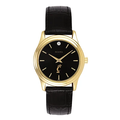 Women's Bulova Gold Cincinnati Bearcats Leather Strap Watch with Diamond Black Dial