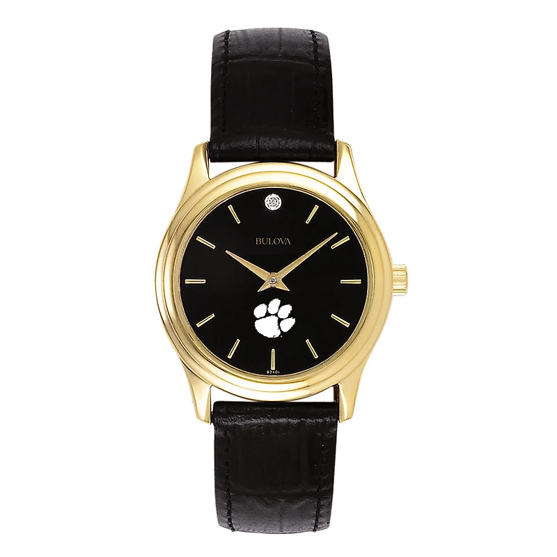 Women's Bulova Gold Clemson Tigers Leather Strap Watch with Diamond Black Dial