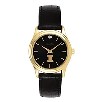 Women's Bulova Gold Illinois Fighting Illini Leather Strap Watch with Diamond Black Dial