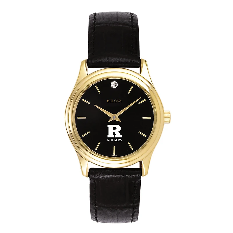 Women's Bulova Gold Rutgers Scarlet Knights Leather Strap Watch with Diamond Black Dial
