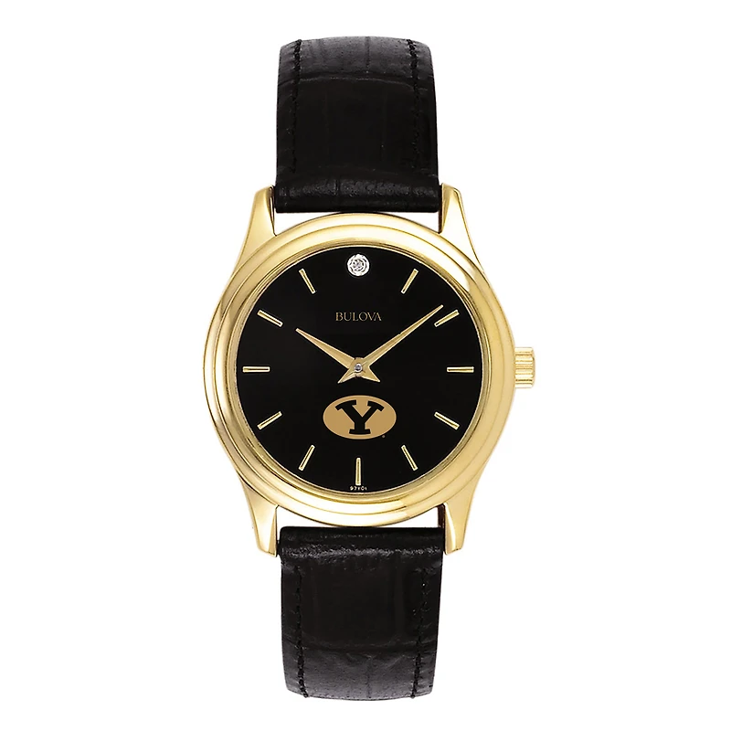 Women's Bulova Gold BYU Cougars Leather Strap Watch with Diamond Black Dial