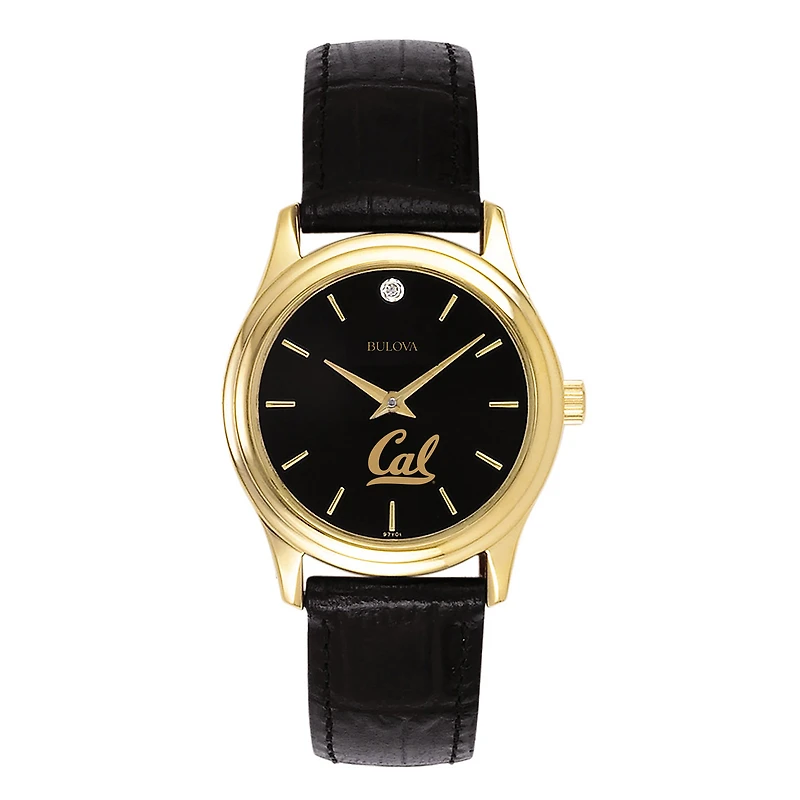 Women's Bulova Gold Cal Bears Leather Strap Watch with Diamond Black Dial