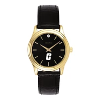 Women's Bulova Gold Charlotte 49ers Leather Strap Watch with Diamond Black Dial