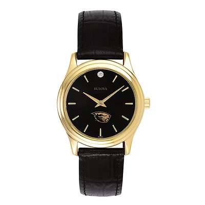 Women's Bulova Gold Oregon State Beavers Leather Strap Watch with Diamond Black Dial