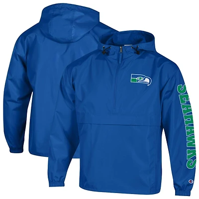 Men's Champion Royal Seattle Seahawks Packable Hooded Windbreaker Half-Zip Jacket