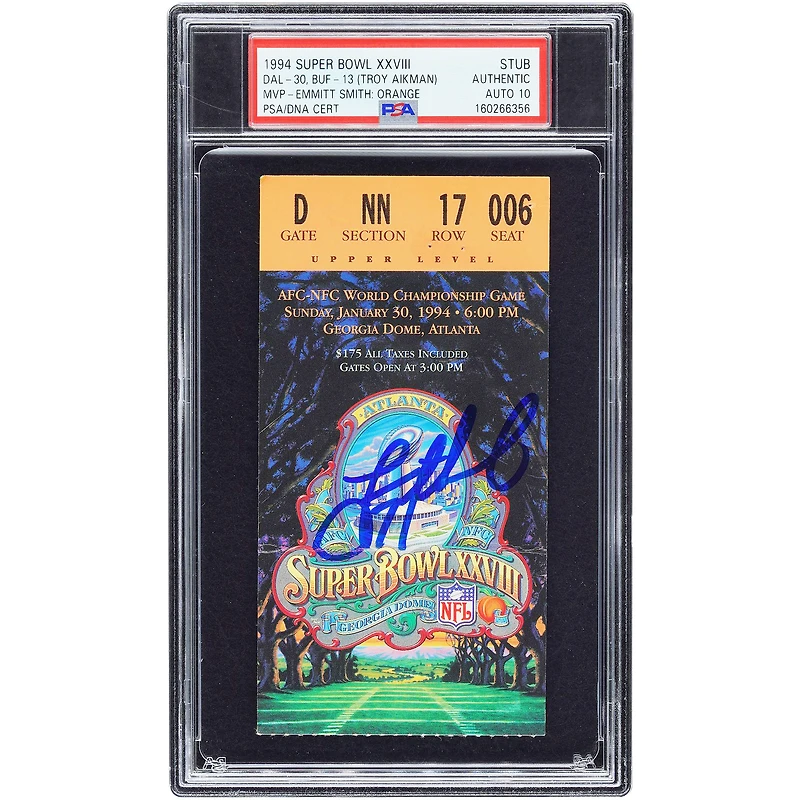 Troy Aikman Dallas Cowboys Autographed 1994 Super Bowl XXVIII PSA Authenticated Auto 10 Ticket
