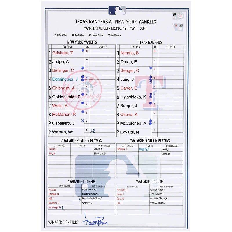 New York Yankees Game-Used Lineup Card vs. Texas Rangers on May 6, 2026