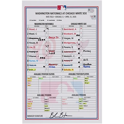 Washington Nationals Game-Used Lineup Card vs. Chicago White Sox on April 25, 2026