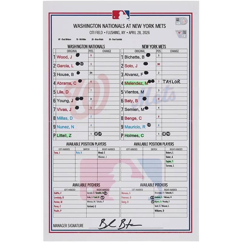 Washington Nationals Game-Used Lineup Card vs. New York Mets on April 28, 2026