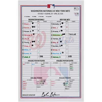 Washington Nationals Game-Used Lineup Card vs. New York Mets on April 28, 2026