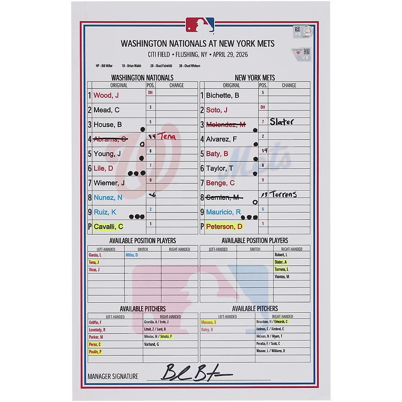 Washington Nationals Game-Used Lineup Card vs. New York Mets on April 29, 2026