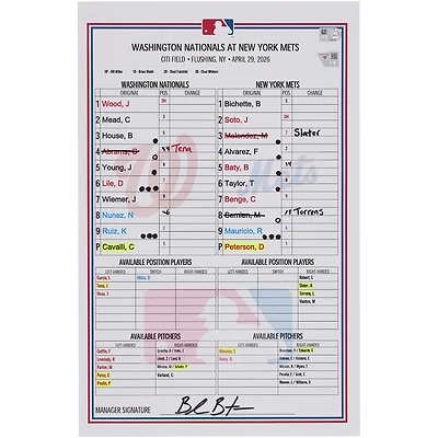 Washington Nationals Game-Used Lineup Card vs. New York Mets on April 29, 2026