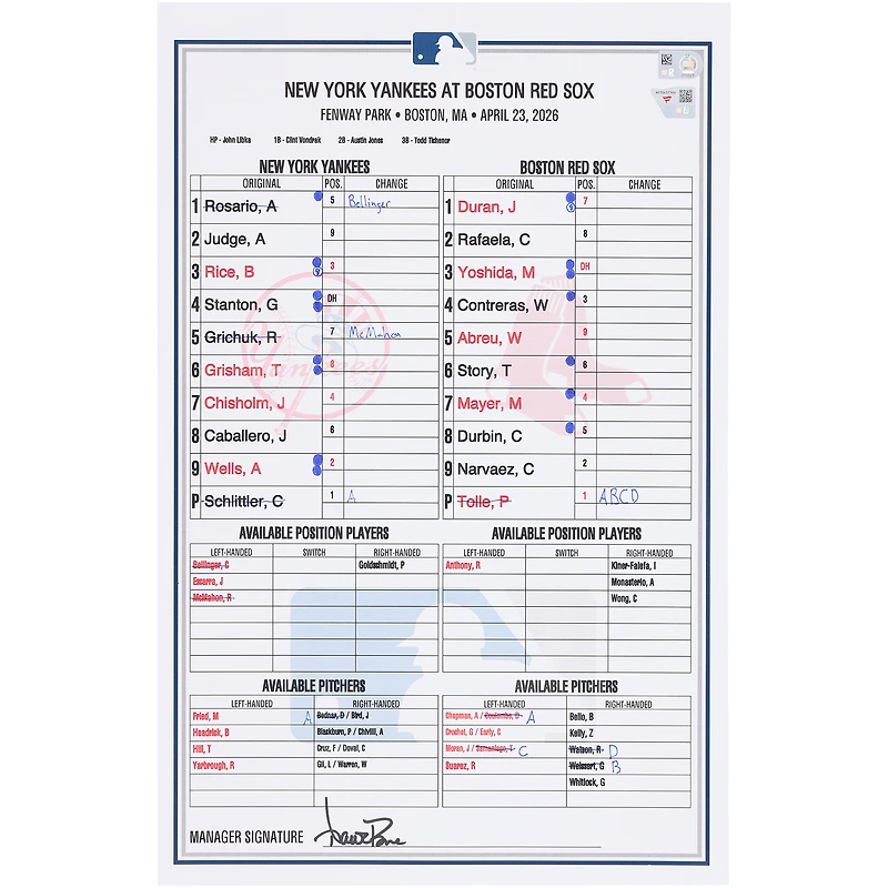 New York Yankees Game-Used Lineup Card vs. Boston Red Sox on April 23, 2026