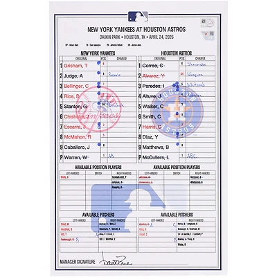 New York Yankees Game-Used Lineup Card vs. Houston Astros on April 24, 2026
