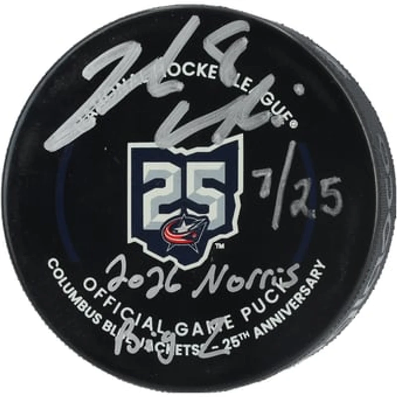 Zach Werenski Columbus Blue Jackets Autographed 25th Anniversary Official Game Puck with Multiple Inscriptions - Limited Edition of 25