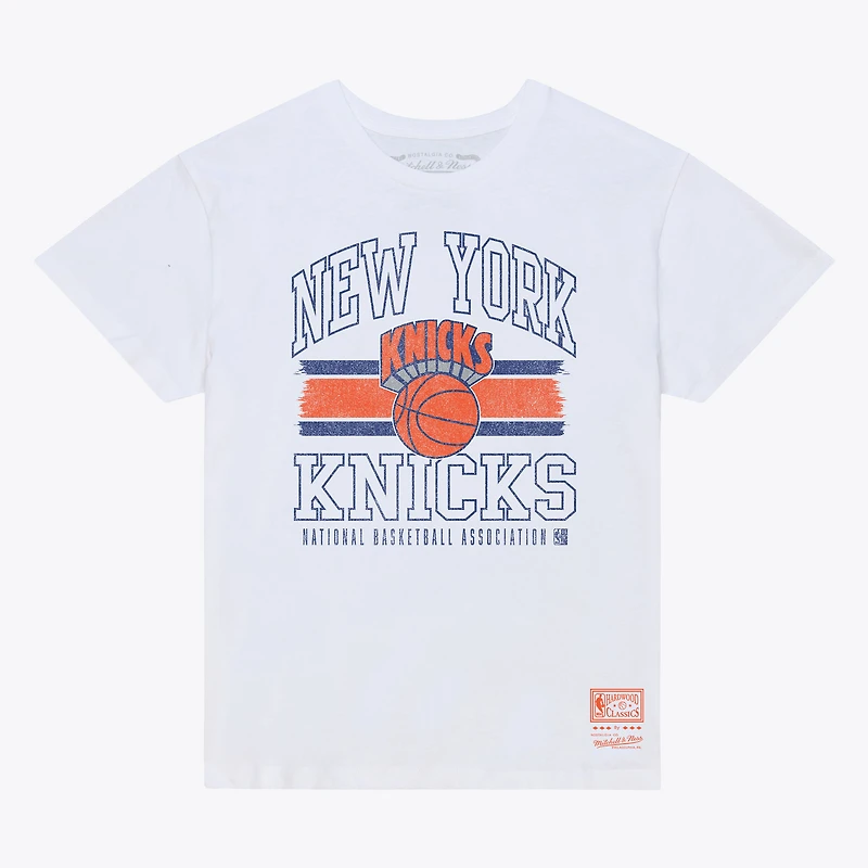 Women's Mitchell & Ness White New York Knicks Striped Logo Boxy T-Shirt