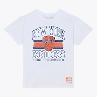 Women's Mitchell & Ness White New York Knicks Striped Logo Boxy T-Shirt