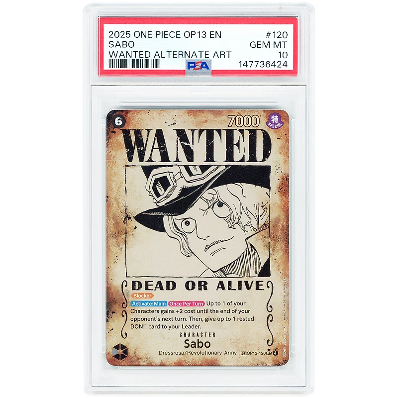 Sabo 2025 One Piece Carrying On His Will Wanted Poster #OP13-120 PSA Authenticated 10 Card