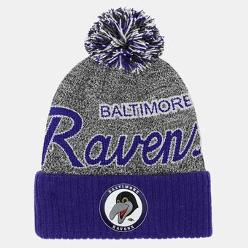 Youth Mitchell & Ness Purple Baltimore Ravens Cuffed Knit Hat with Puff