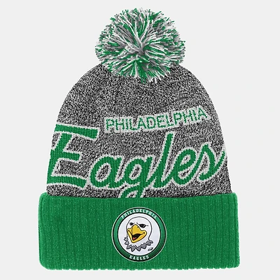 Youth Mitchell & Ness Kelly Green Philadelphia Eagles Cuffed Knit Hat with Puff