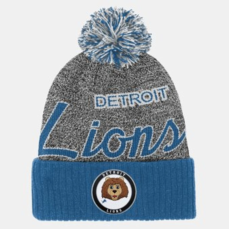 Youth Mitchell & Ness Light Blue Detroit Lions Cuffed Knit Hat with Puff