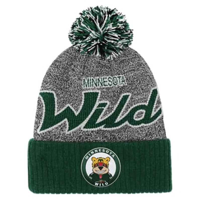 Youth Mitchell & Ness Green/Gray Minnesota Wild Mascot Cuffed Knit Hat with Pom