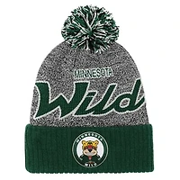 Youth Mitchell & Ness Green/Gray Minnesota Wild Mascot Cuffed Knit Hat with Pom