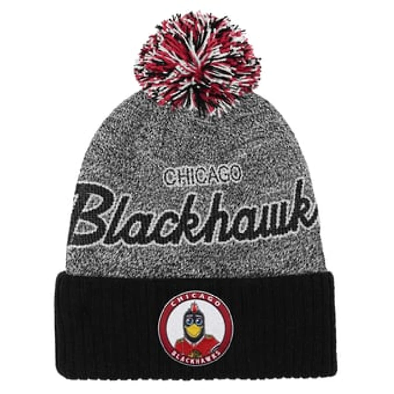 Youth Mitchell & Ness Black/Gray Chicago Blackhawks Mascot Cuffed Knit Hat with Pom