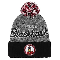 Youth Mitchell & Ness Black/Gray Chicago Blackhawks Mascot Cuffed Knit Hat with Pom