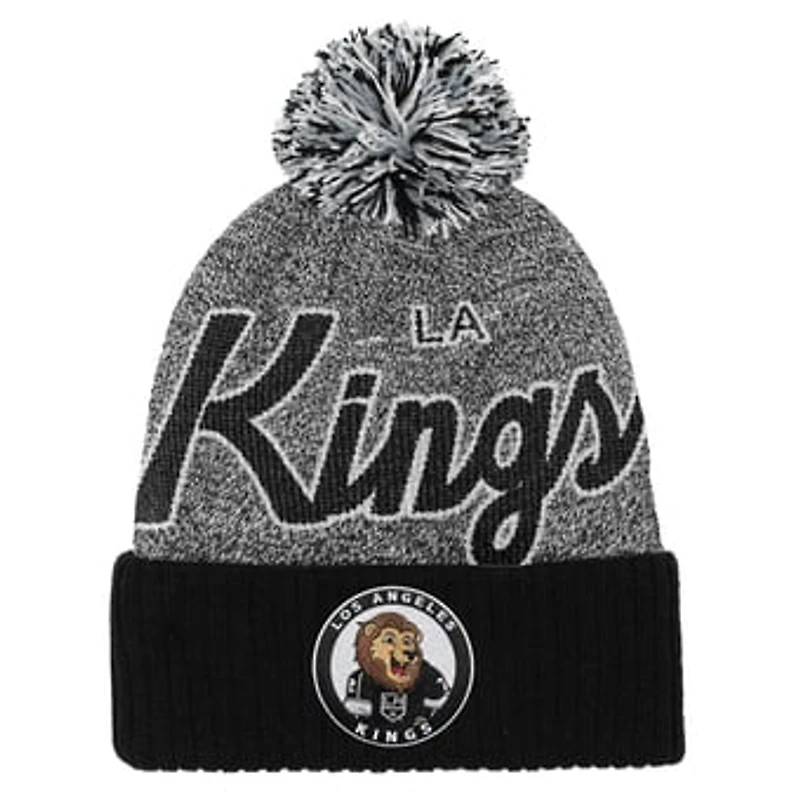 Youth Mitchell & Ness Black/Gray Los Angeles Kings Mascot Cuffed Knit Hat with Pom