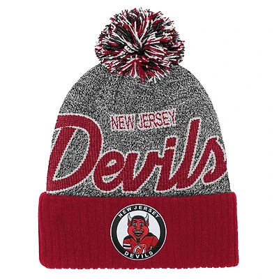 Youth Mitchell & Ness Red/Gray New Jersey Devils Mascot Cuffed Knit Hat with Pom