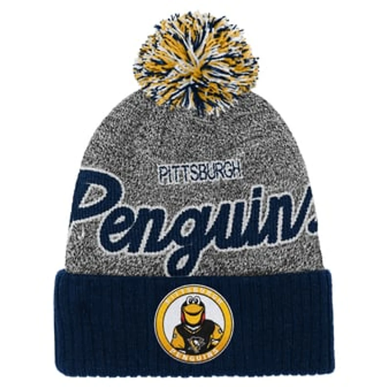Youth Mitchell & Ness Navy/Gray Pittsburgh Penguins Mascot Cuffed Knit Hat with Pom