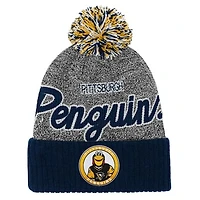 Youth Mitchell & Ness Navy/Gray Pittsburgh Penguins Mascot Cuffed Knit Hat with Pom