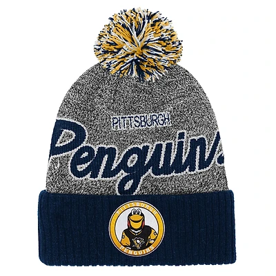 Youth Mitchell & Ness Navy/Gray Pittsburgh Penguins Mascot Cuffed Knit Hat with Pom