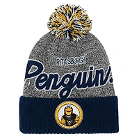 Youth Mitchell & Ness Navy/Gray Pittsburgh Penguins Mascot Cuffed Knit Hat with Pom