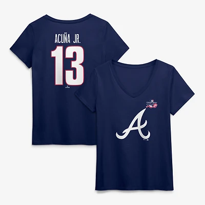 Women's Ronald Acuna Jr. Navy Atlanta Braves Celebrating America's 250th Name & Number V-Neck T-Shirt
