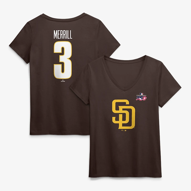 Women's Jackson Merrill Brown San Diego Padres Celebrating America's 250th Name & Number V-Neck T-Shirt