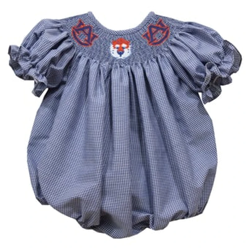 Girls Infant Vive La Fete Navy Auburn Tigers Gingham Smocked Bishop Bubble Dress