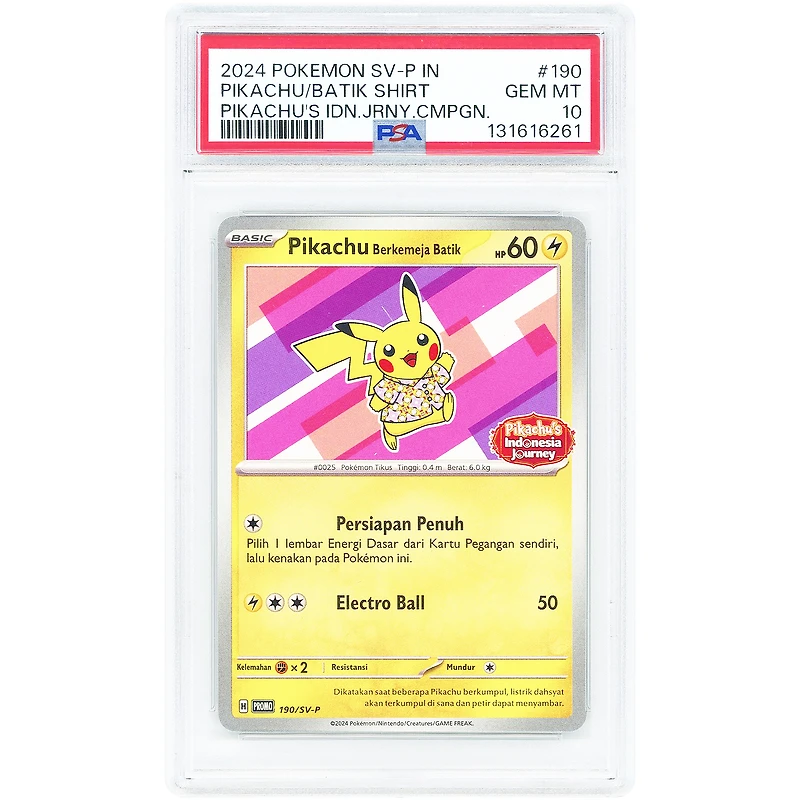 Indonesian Pikachu 2024 Pokemon Berkemeja Batik Promo #190 PSA Authenticated 10 Card