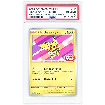 Indonesian Pikachu 2024 Pokemon Berkemeja Batik Promo #190 PSA Authenticated 10 Card