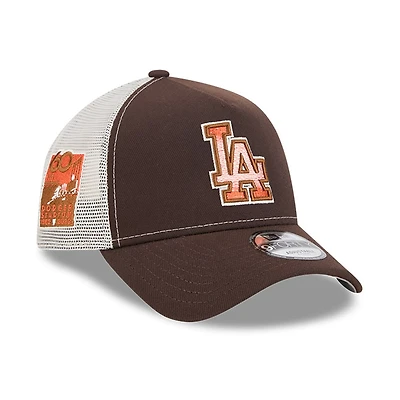 Men's New Era Brown Los Angeles Dodgers Pumpkin Spice A-Frame 9FORTY Adjustable Trucker Hat