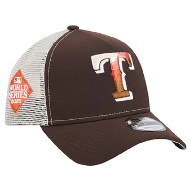 Men's New Era Brown Texas Rangers Pumpkin Spice A-Frame 9FORTY Adjustable Trucker Hat
