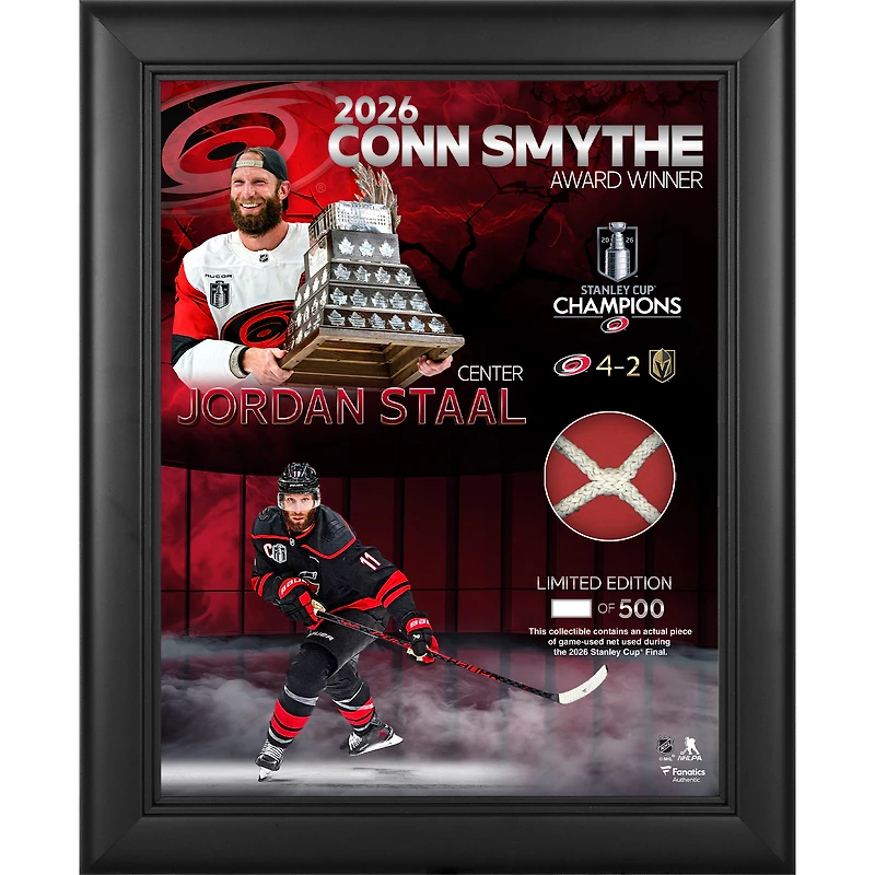Jordan Staal Carolina Hurricanes 2026 Stanley Cup Champions Framed 13" x 16" Conn Smythe Collage with a Piece of Game-Used Net from the 2026 Stanley Cup Final - Limited Edition of 500