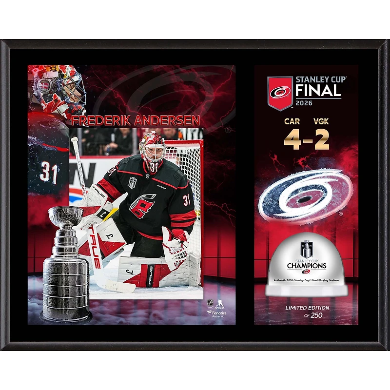 Frederik Andersen Carolina Hurricanes 2026 Stanley Cup Champions 12'' x 15'' Sublimated Plaque with Game-Used Ice from the 2026 Stanley Cup Final - Limited Edition of 250