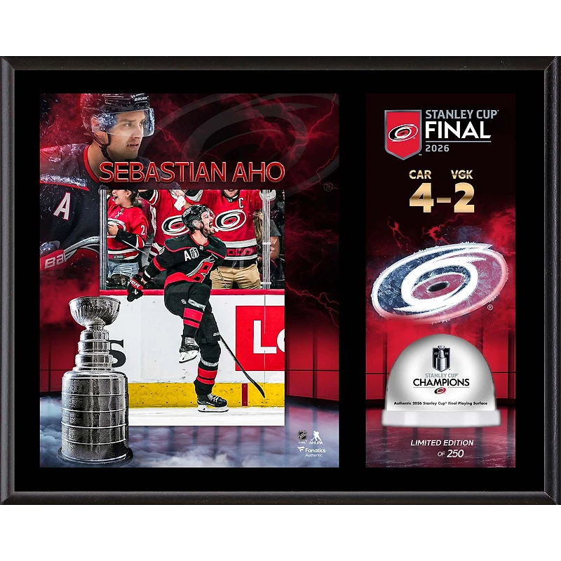 Sebastian Aho Carolina Hurricanes 2026 Stanley Cup Champions 12'' x 15'' Sublimated Plaque with Game-Used Ice from the 2026 Stanley Cup Final - Limited Edition of 250